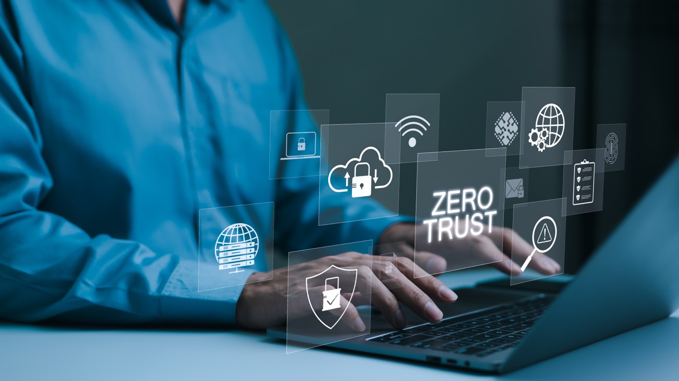 Zero-trust security — a digital shield and lock guarding access between systems